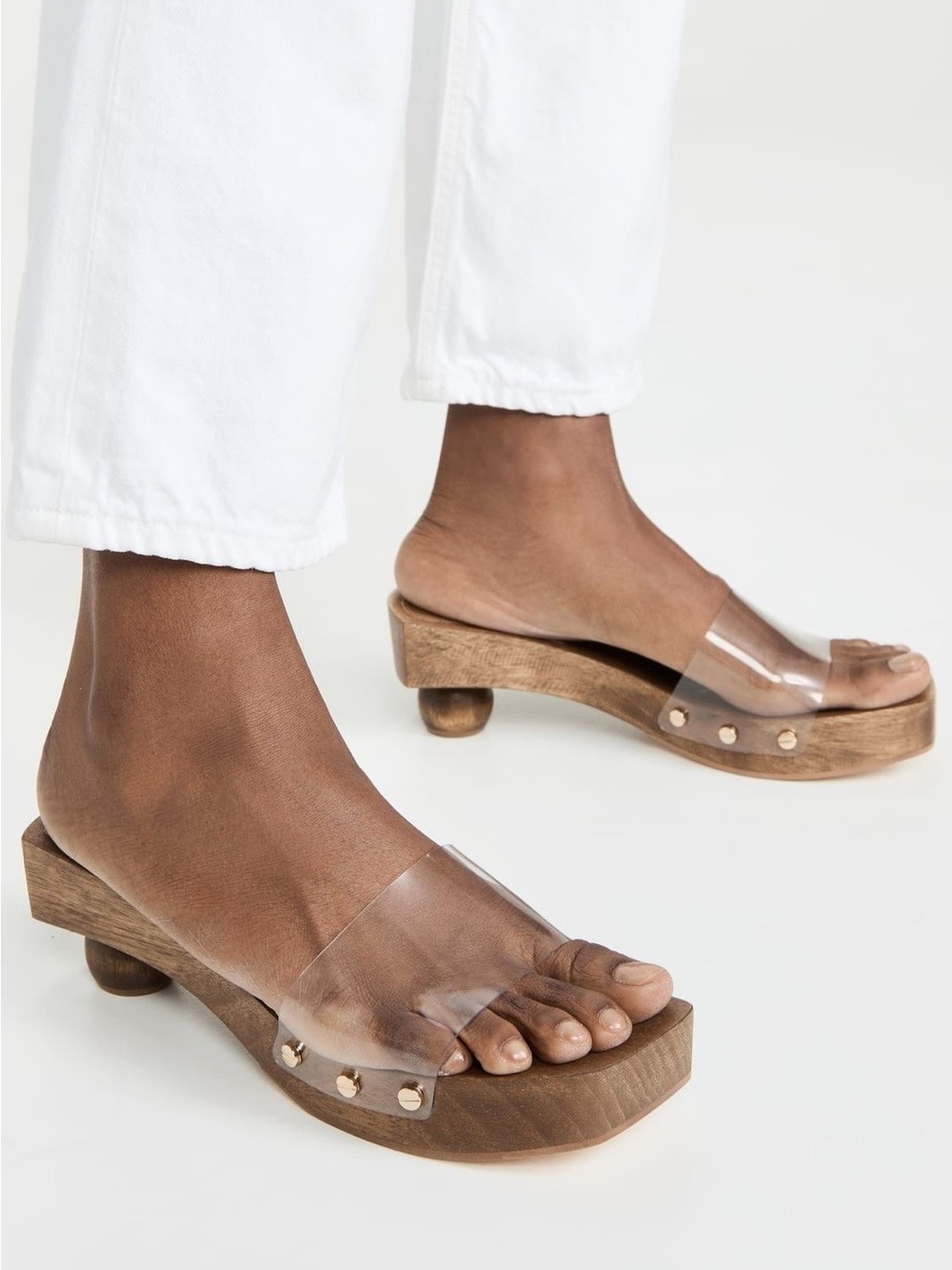 cult gaia Clear Vinyl Slide Sandal with Wood Heel and Gold Studs